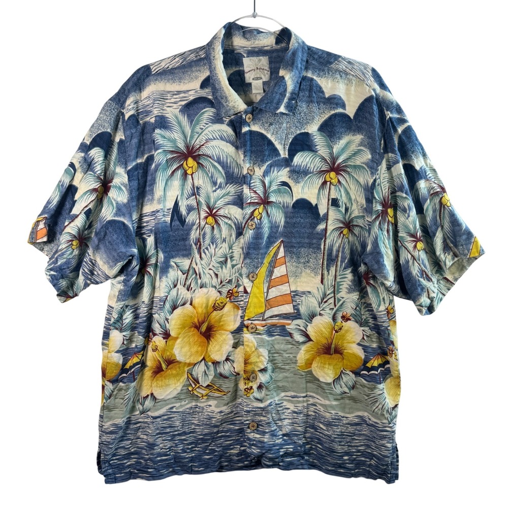 Tommy Bahama Relax Mens L 100% Silk Camp Shirt Tropical Sailboat Blue Hibiscus